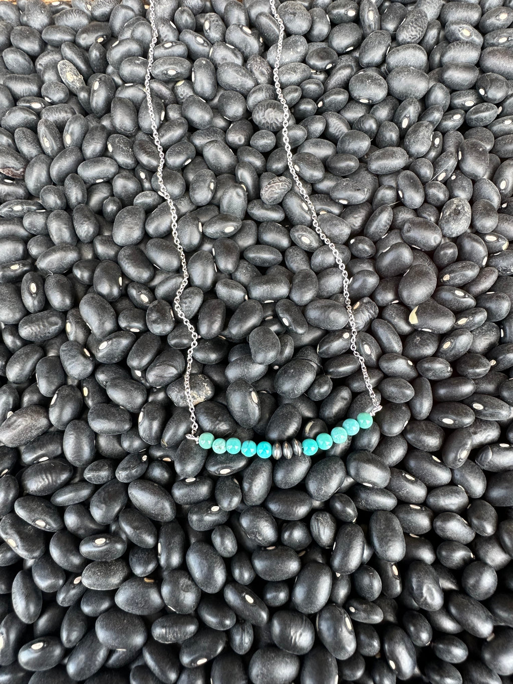 Wild Junkie Authentic Turquoise Bead and Silver Pearl Bar Necklace — detail close-up