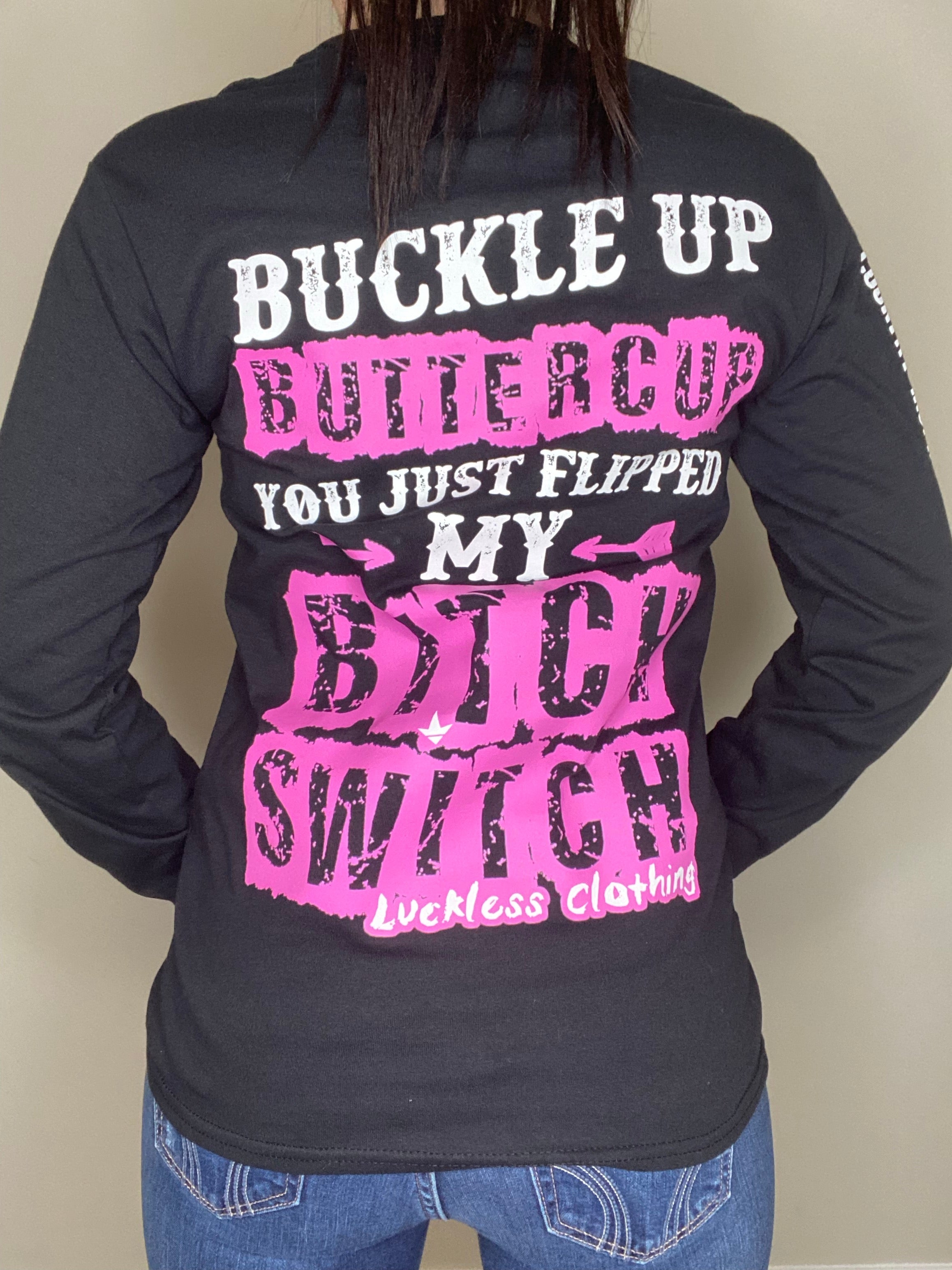 Luckless Outfitters Buckle Up Buttercup Long Sleeve — detail close-up