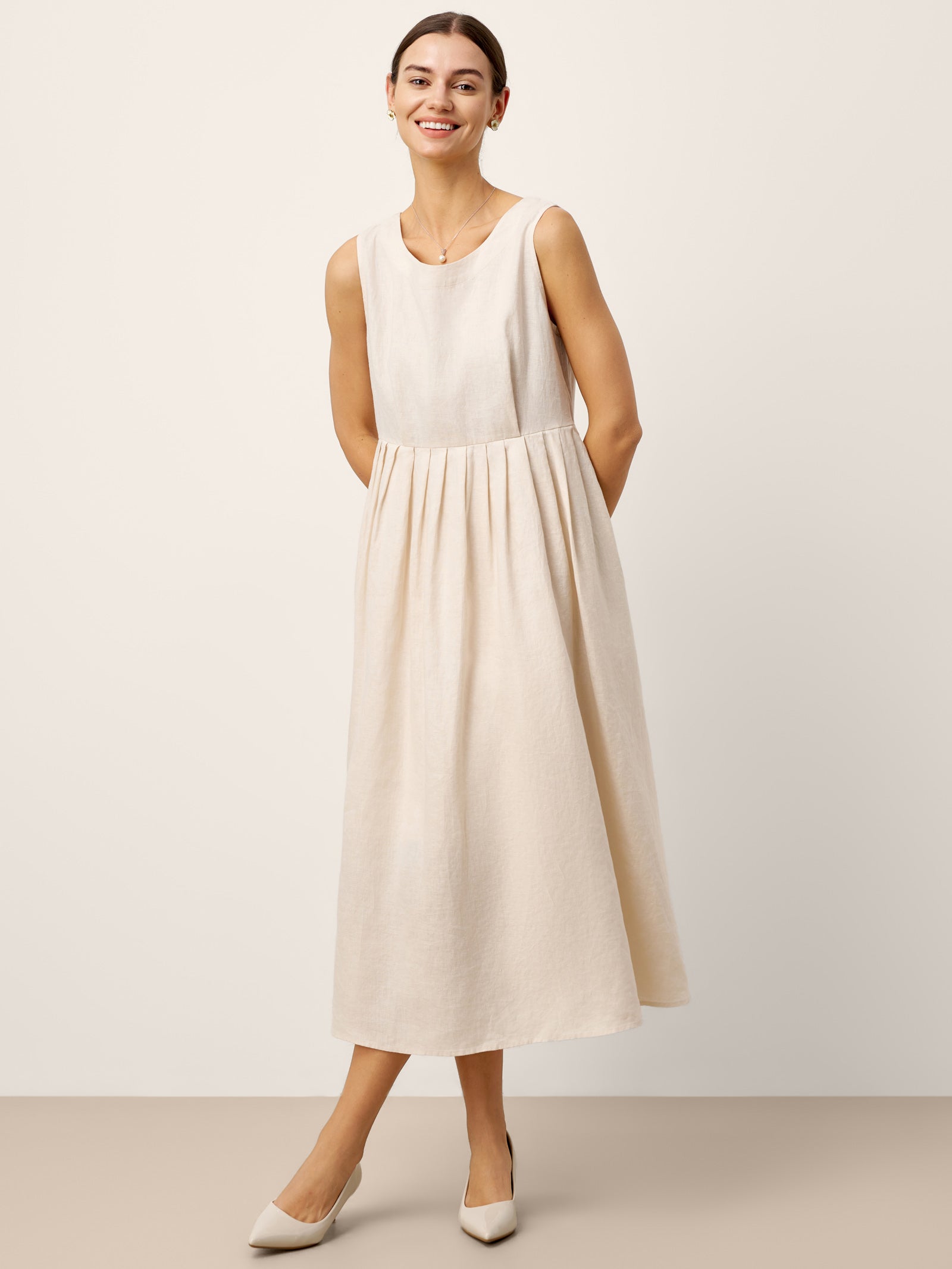 LINTICO 100% Linen Sleeveless Crew Neck Waist Pleated Maxi Dress SELENE — main product shot