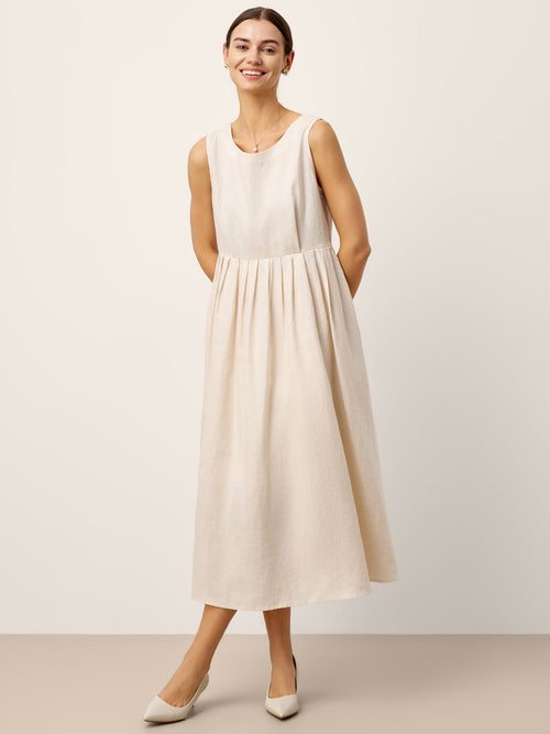 LINTICO 100% Linen Sleeveless Crew Neck Waist Pleated Maxi Dress SELENE — main product shot