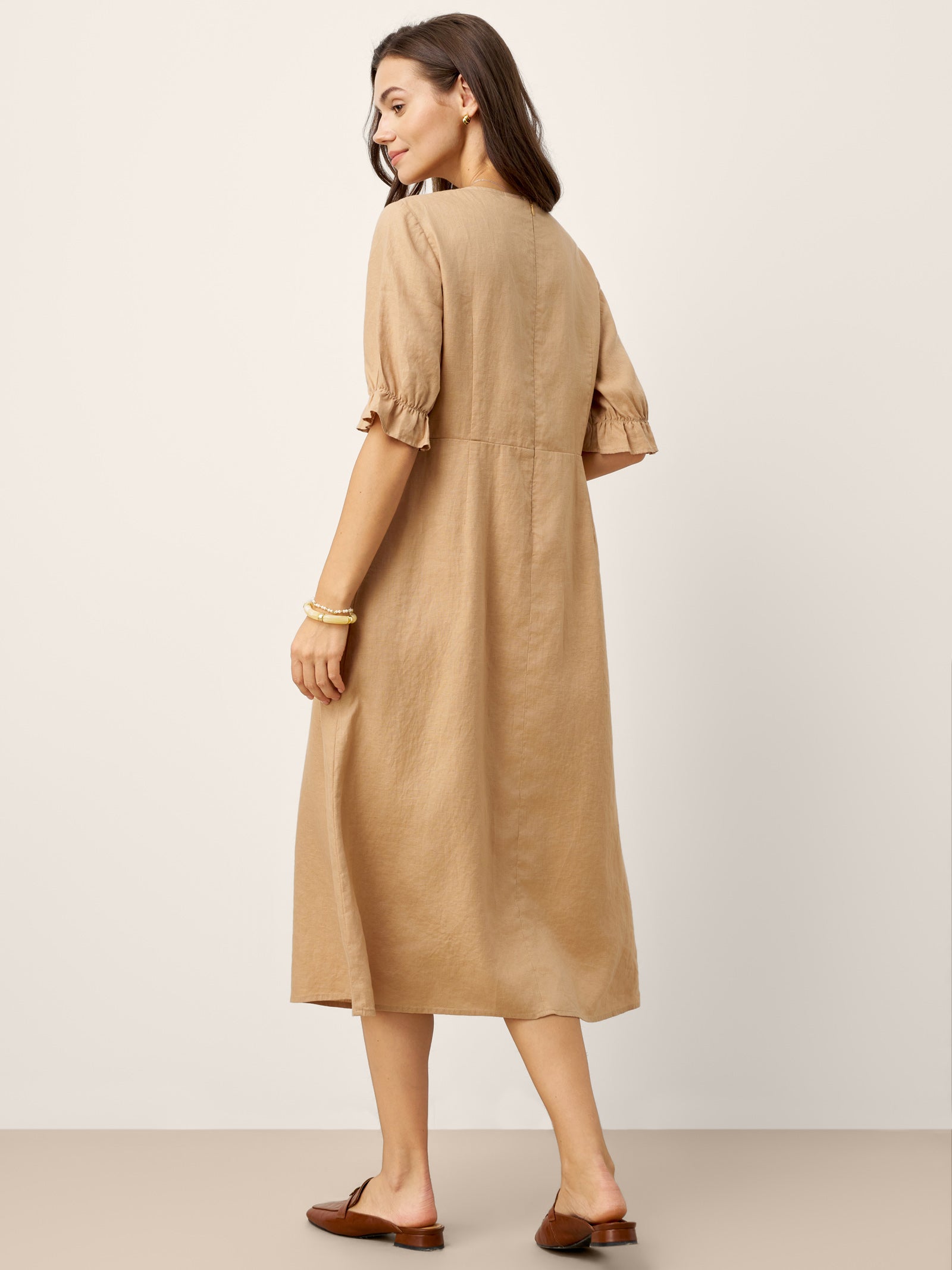 LINTICO 100% Linen Round Neck High Waist Ruffle Sleeve Maxi Dress ZEPHYRA — LINTICO branding close-up