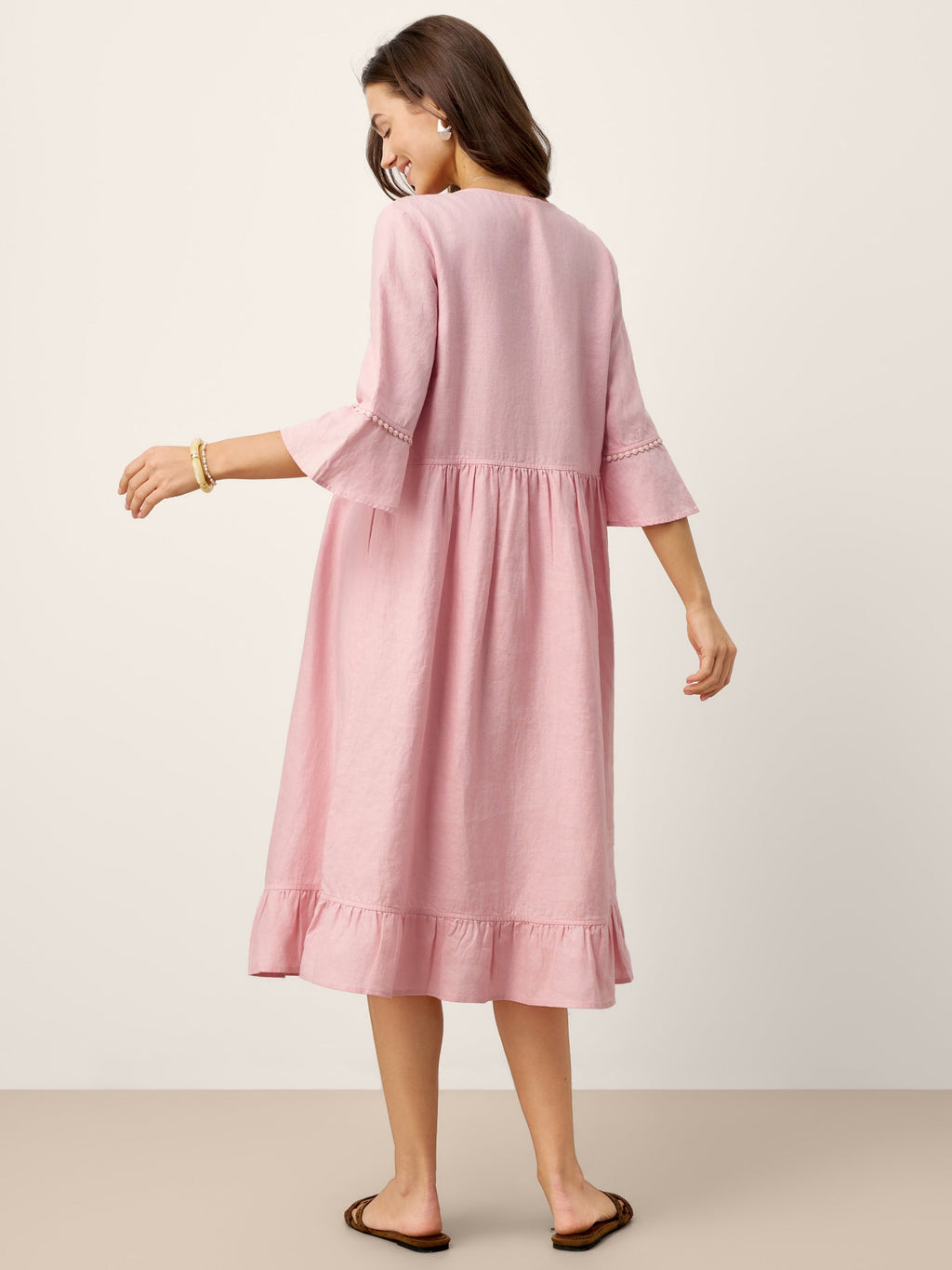 LINTICO 100% Linen V-Neck Ruffle Hem Midi Dress with Crochet Trim MARTHA — LINTICO branding close-up