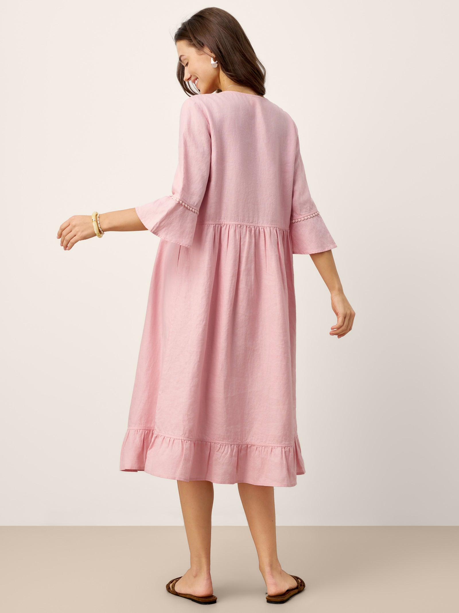 LINTICO 100% Linen V-Neck Ruffle Hem Midi Dress with Crochet Trim MARTHA — LINTICO branding close-up