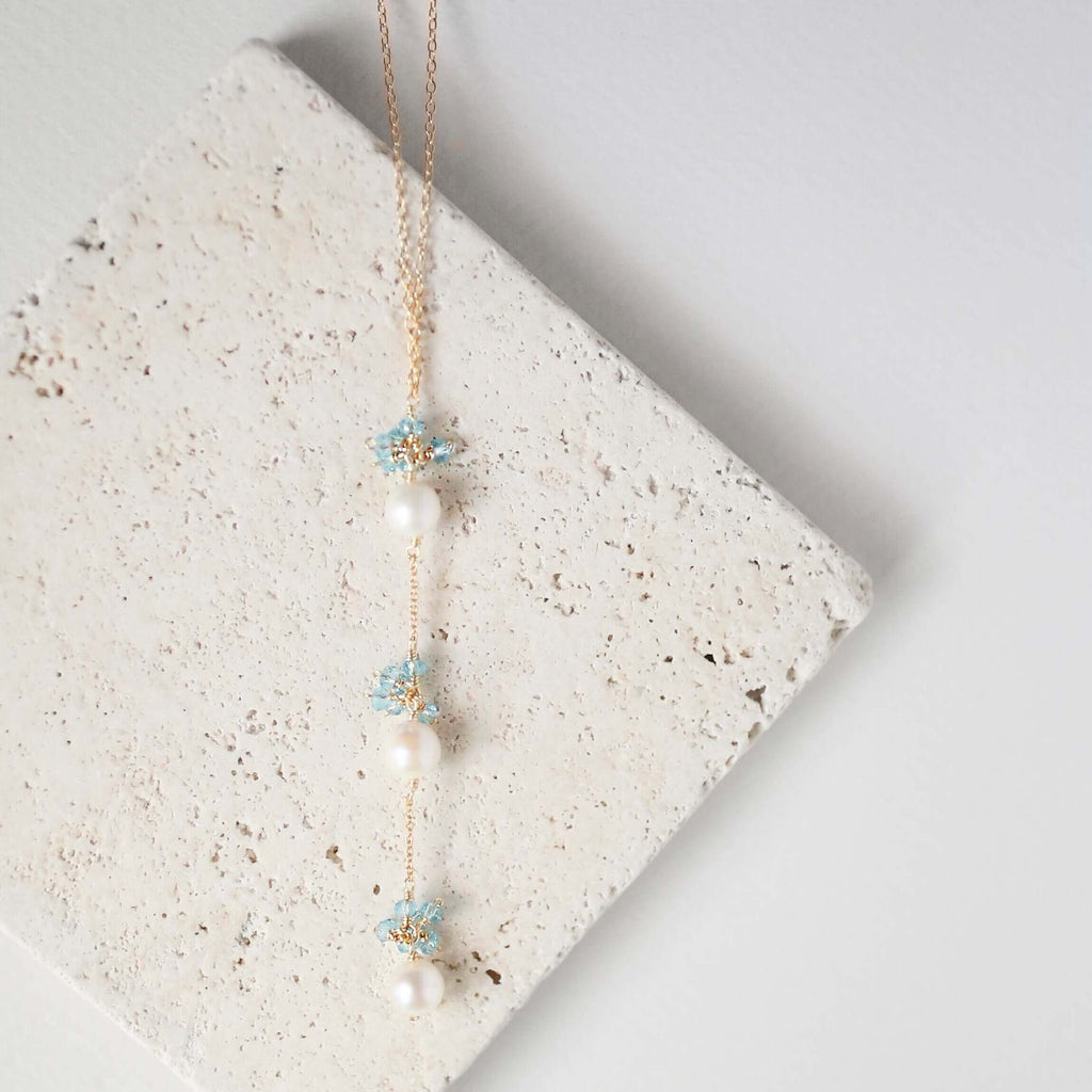 PARKEN JEWELRY Pearl and Aquamarine Quartz Necklace — detail close-up