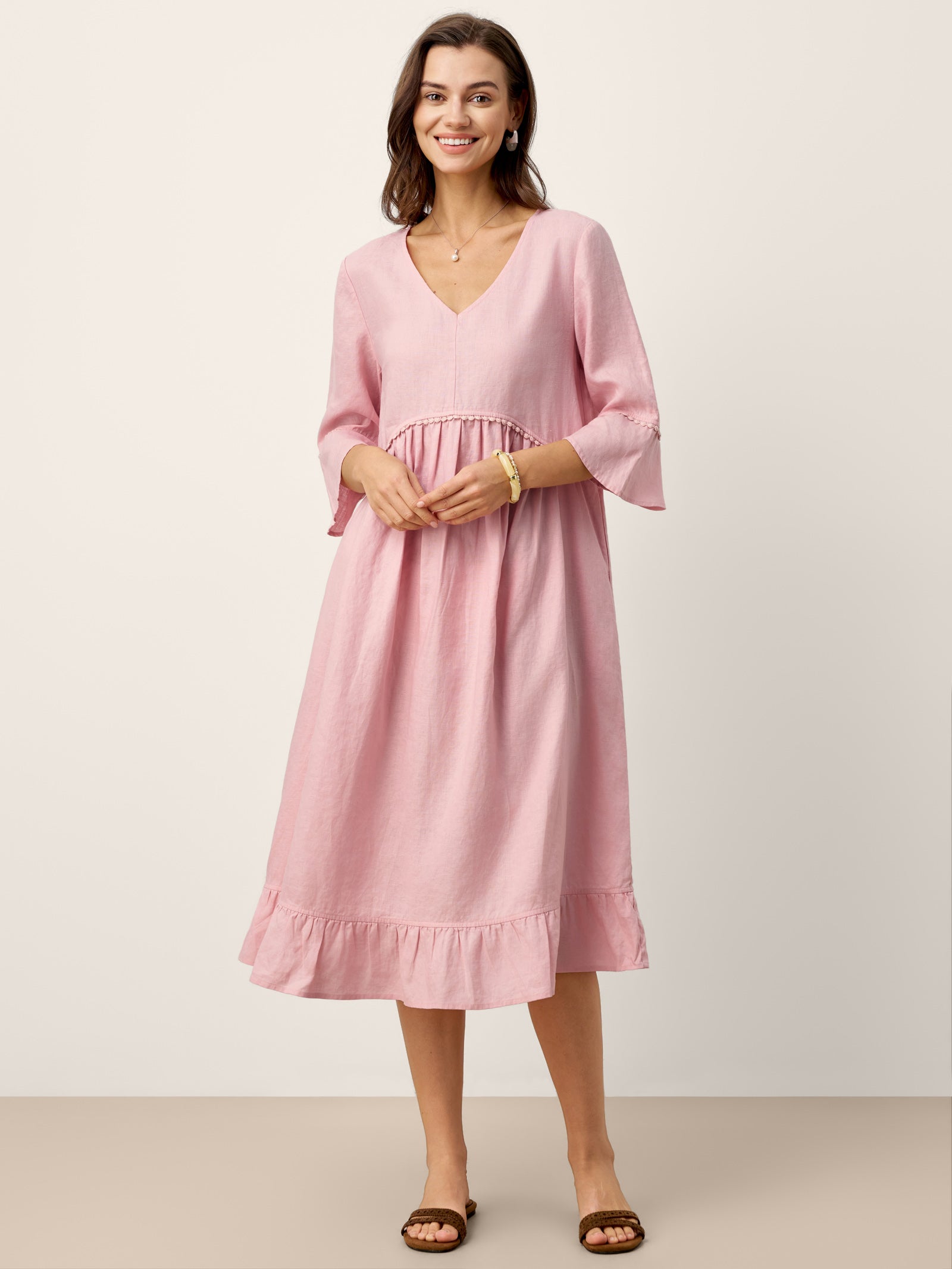 LINTICO 100% Linen V-Neck Ruffle Hem Midi Dress with Crochet Trim MARTHA — main product shot