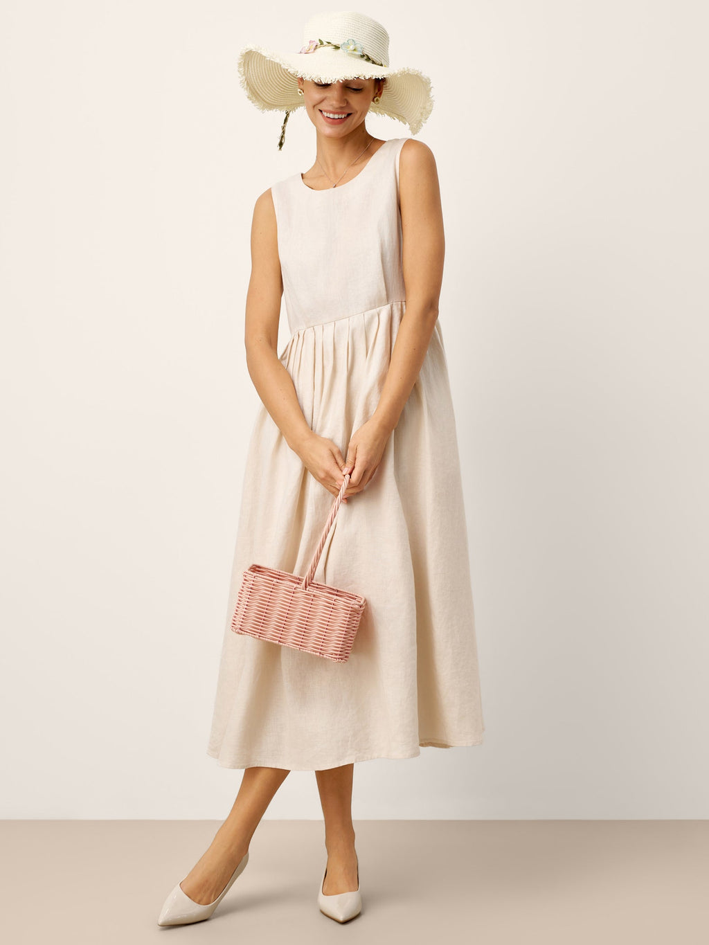LINTICO 100% Linen Sleeveless Crew Neck Waist Pleated Maxi Dress SELENE — detail shot 6