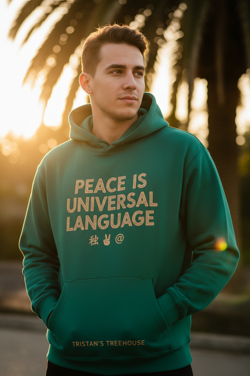 Tristan’s Treehouse Peace is a Universal Language – Hoodie — detail close-up