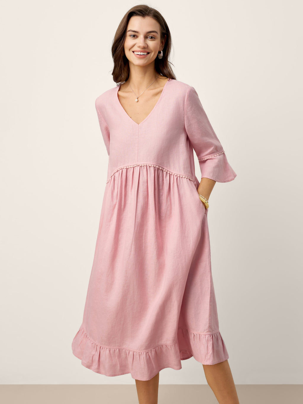 LINTICO 100% Linen V-Neck Ruffle Hem Midi Dress with Crochet Trim MARTHA — detail shot 6