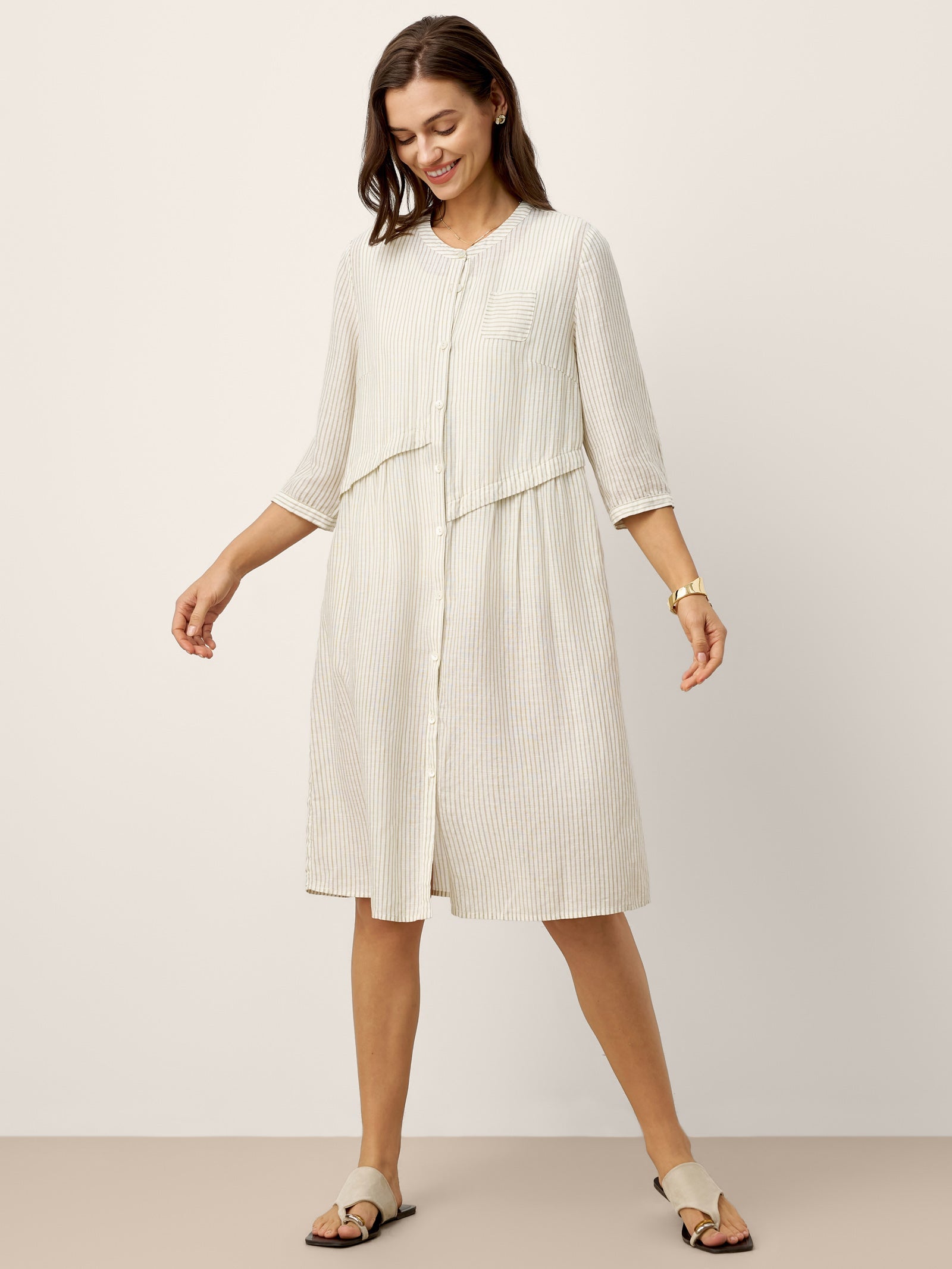 LINTICO Linen-Lyocell Deconstructed Asymmetric Front Pleat Midi Dress EULALIE — back view