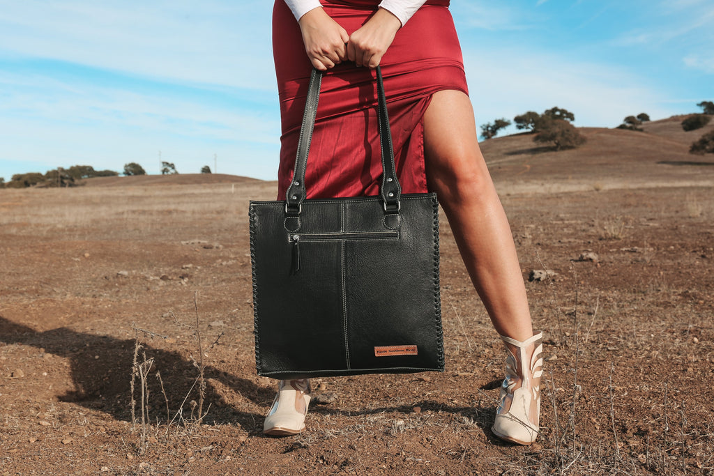 Haute Southern Hyde Luxe Cowgirl Tote a Haute Southern Hyde by Beth Marie Exclusive — Haute Southern Hyde branding close-up
