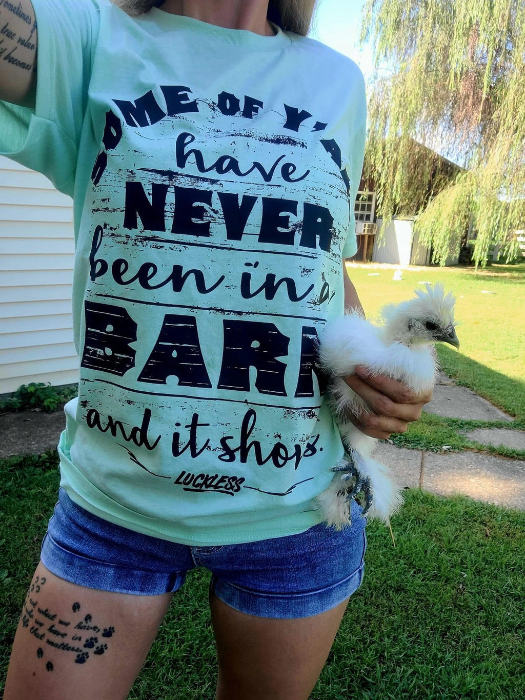 Luckless Outfitters Never Been in a Barn Tee — detail close-up