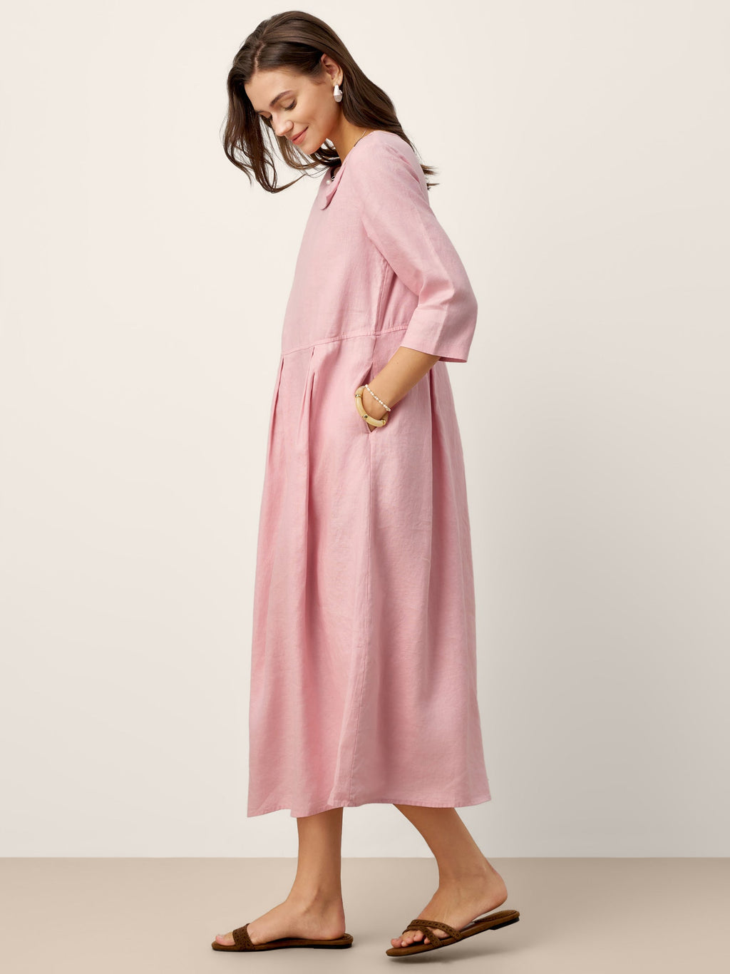 LINTICO 100% Linen Crescent Neck Decorative Button Waist Pleated Maxi Dress GWENYTH — lifestyle worn / used context