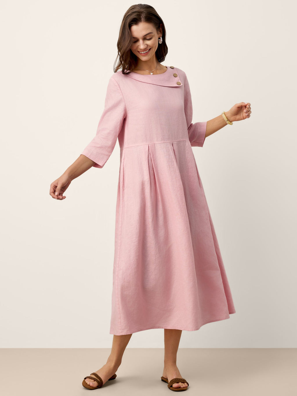 LINTICO 100% Linen Crescent Neck Decorative Button Waist Pleated Maxi Dress GWENYTH — main product shot