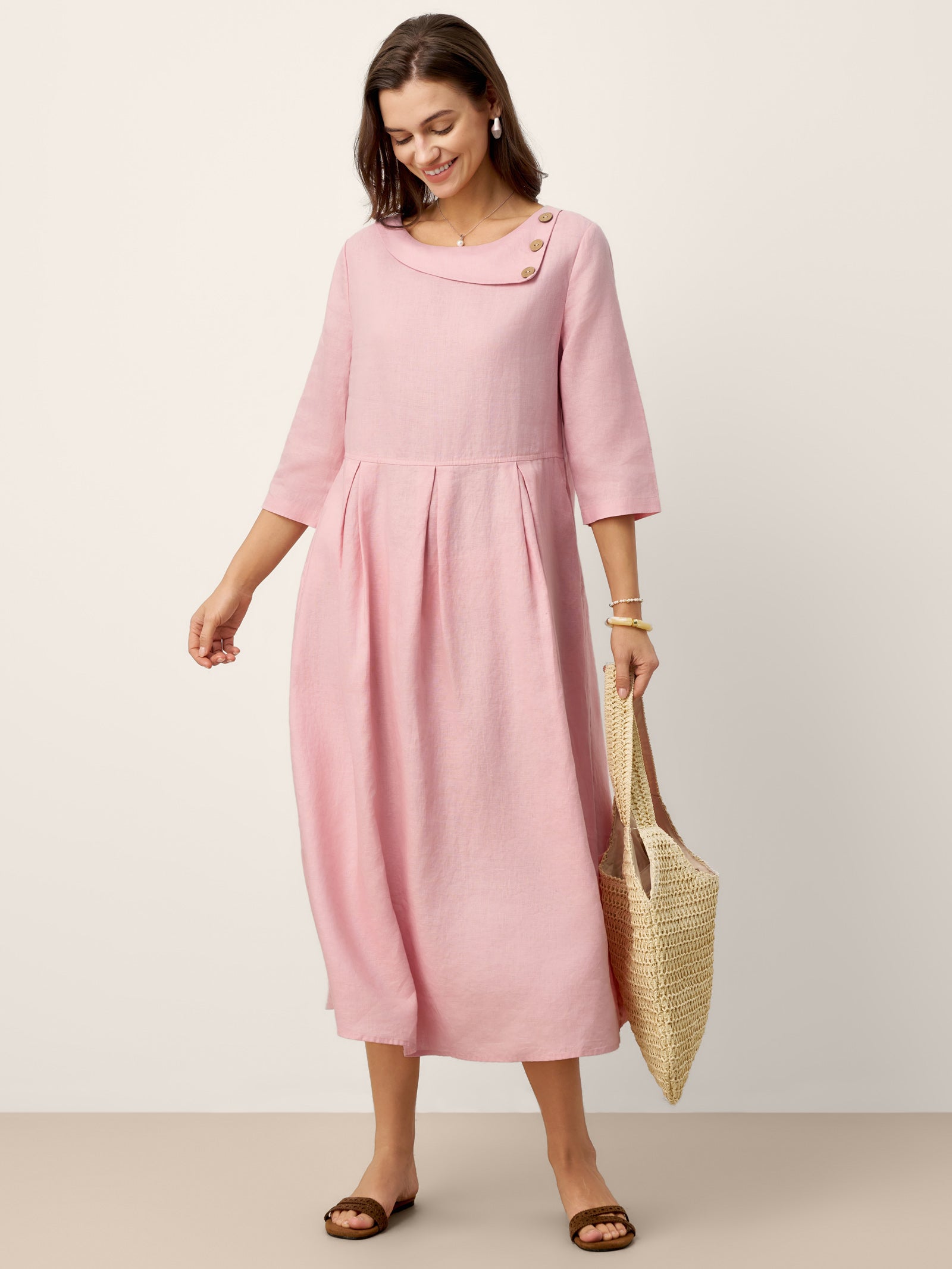 LINTICO 100% Linen Crescent Neck Decorative Button Waist Pleated Maxi Dress GWENYTH — detail shot 6