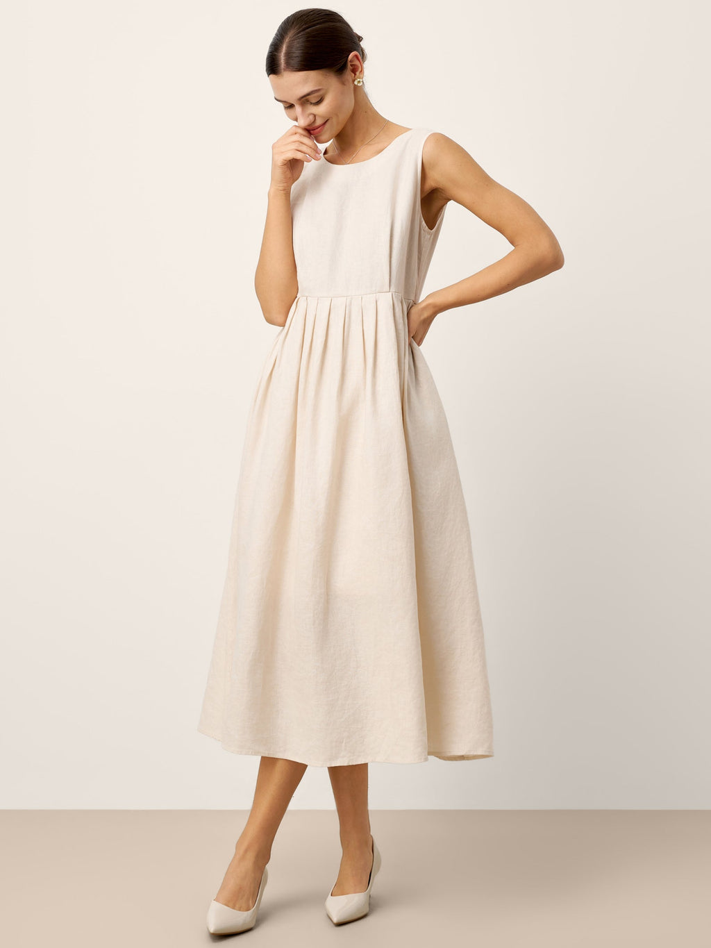 LINTICO 100% Linen Sleeveless Crew Neck Waist Pleated Maxi Dress SELENE — dresses-maxi dresses-linen category context