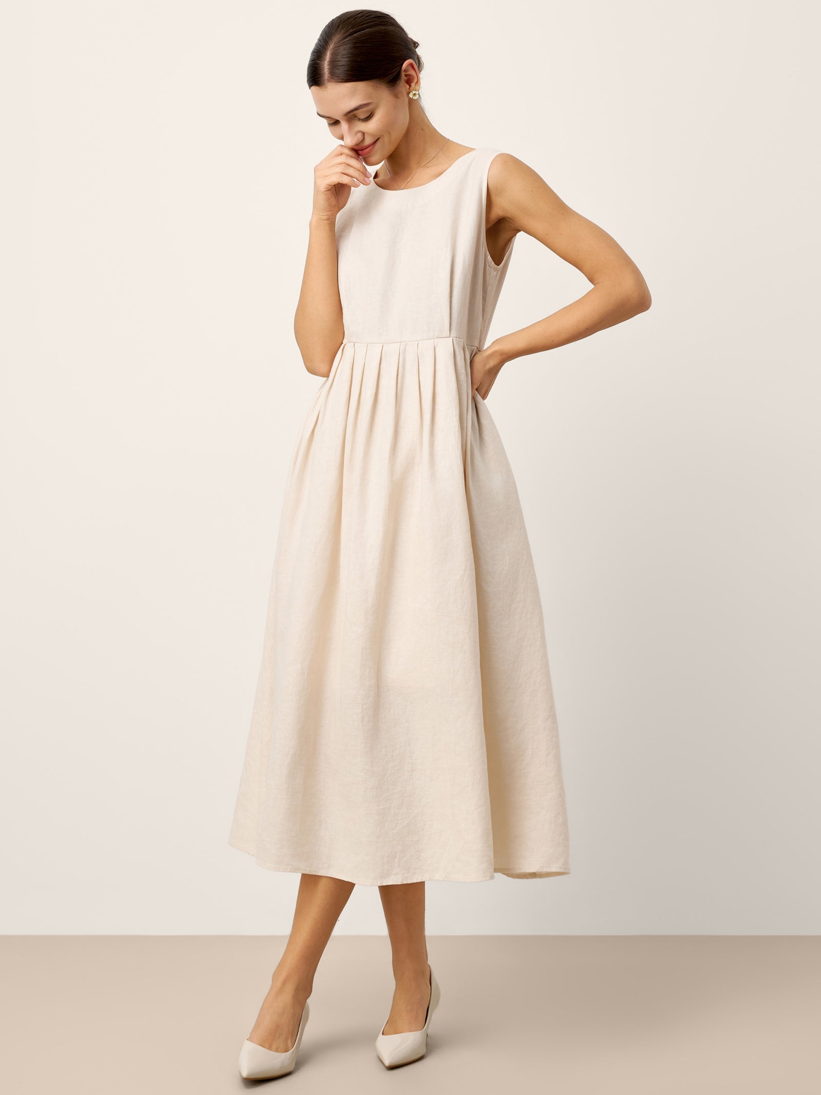 LINTICO 100% Linen Sleeveless Crew Neck Waist Pleated Maxi Dress SELENE — dresses-maxi dresses-linen category context