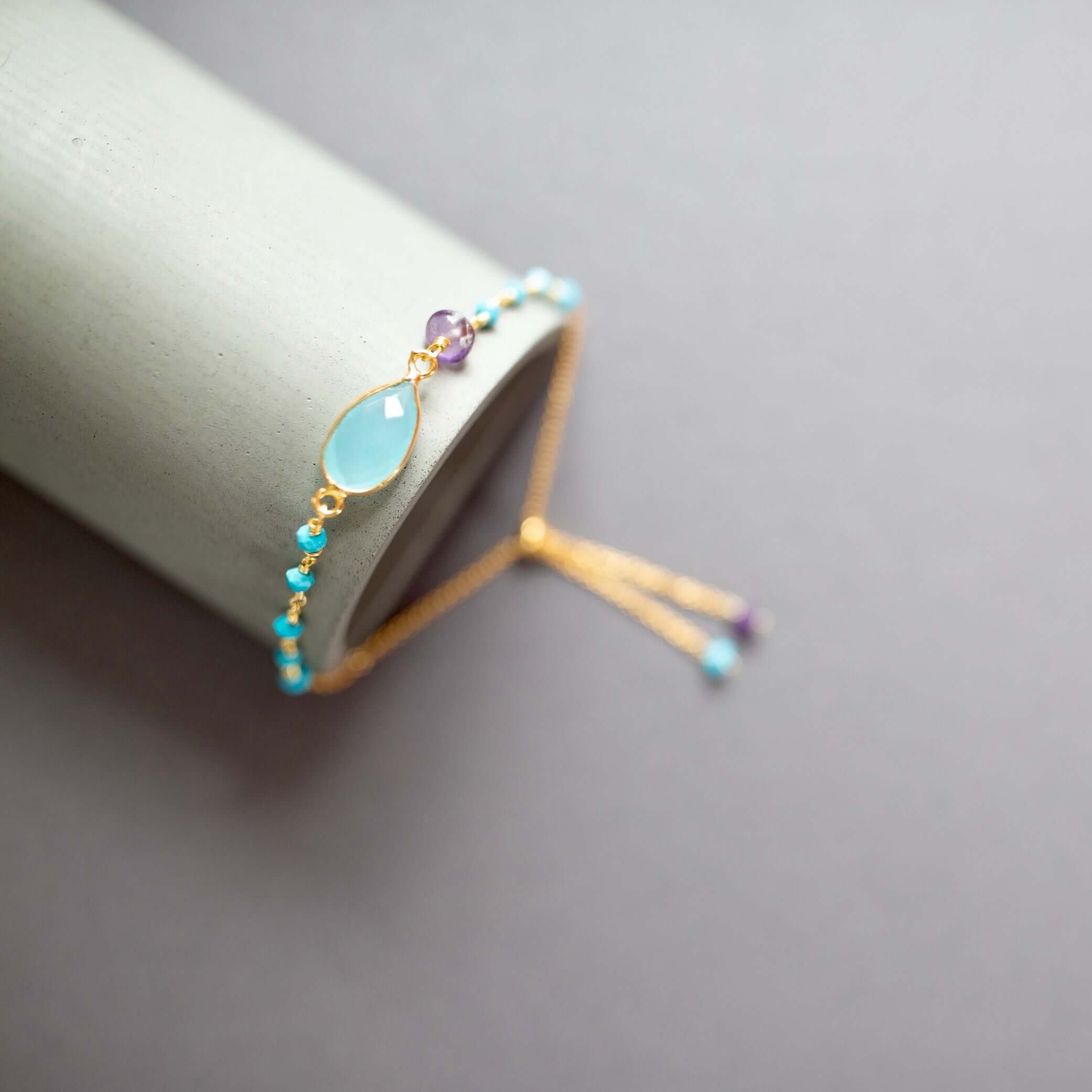 PARKEN JEWELRY Aqua Blue Chalcedony Adjustable Gold Gemstone Bracelet — main product shot