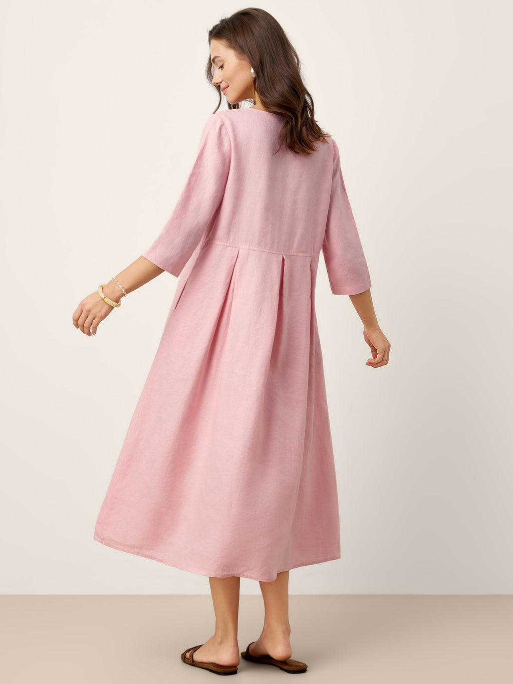 LINTICO 100% Linen Crescent Neck Decorative Button Waist Pleated Maxi Dress GWENYTH — LINTICO branding close-up