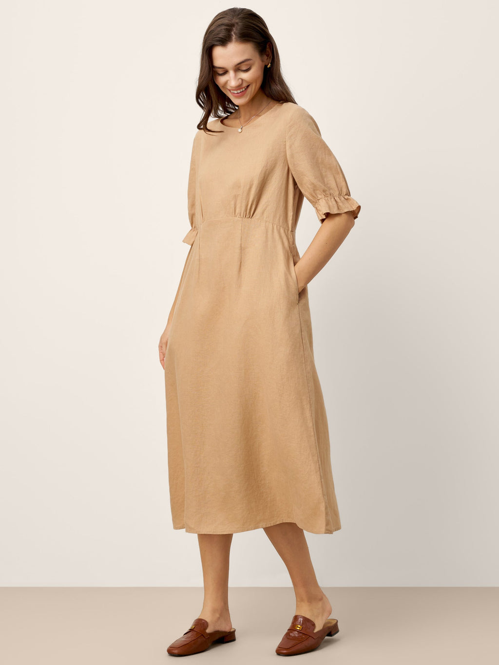 LINTICO 100% Linen Round Neck High Waist Ruffle Sleeve Maxi Dress ZEPHYRA — dresses-maxi dresses-linen category context