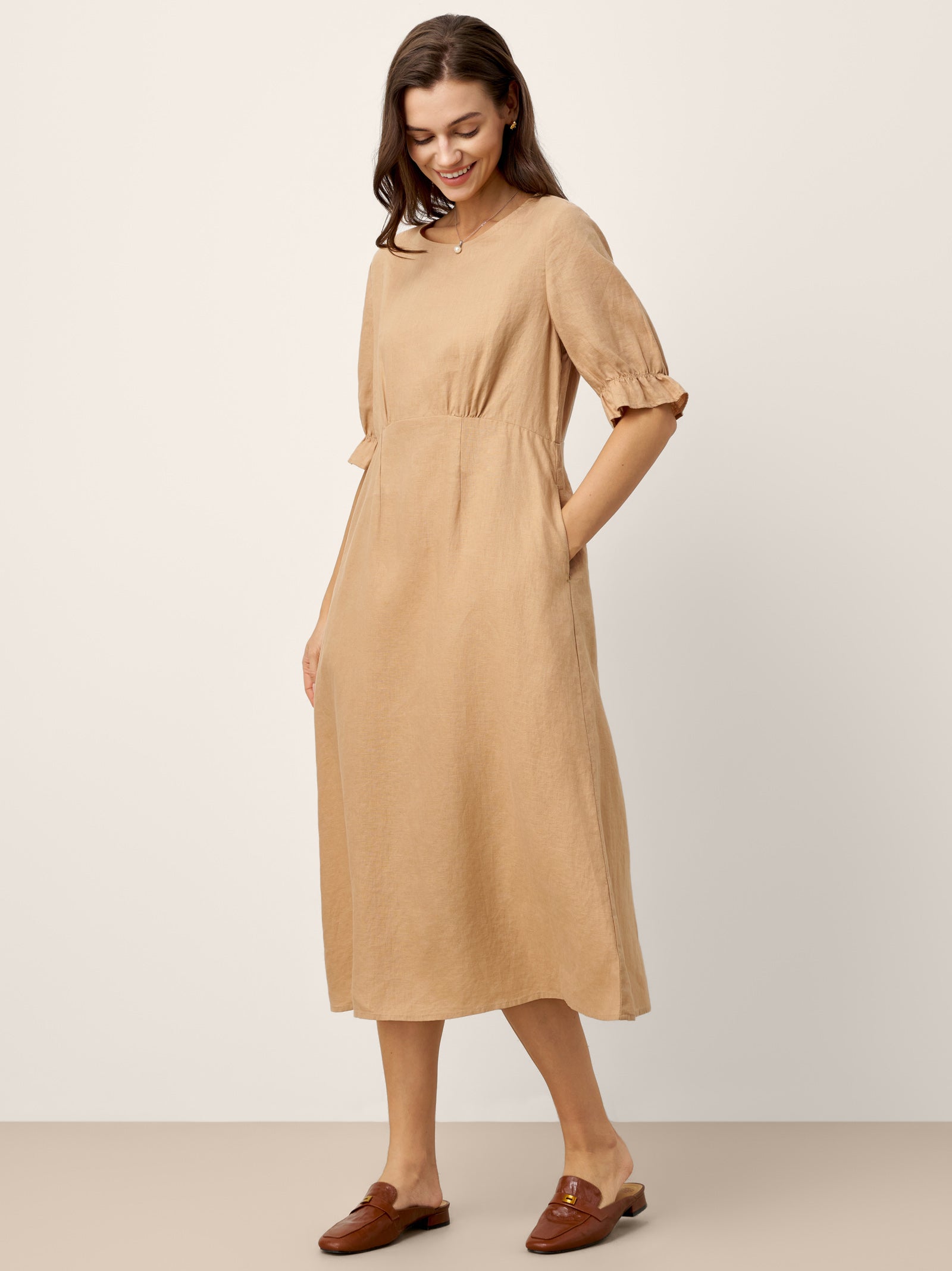 LINTICO 100% Linen Round Neck High Waist Ruffle Sleeve Maxi Dress ZEPHYRA — dresses-maxi dresses-linen category context