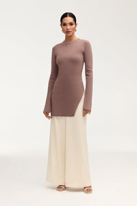 Inaya Ribbed Side Slit Top - Taupe Clothing Veiled 