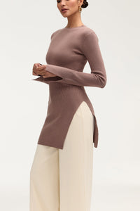 Inaya Ribbed Side Slit Top - Taupe Clothing Veiled 