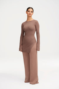 Inaya Ribbed Side Slit Top - Taupe Clothing Veiled 