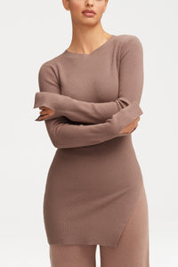 Inaya Ribbed Side Slit Top - Taupe Clothing Veiled 