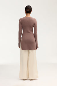 Inaya Ribbed Side Slit Top - Taupe Clothing Veiled 