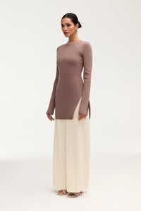 Inaya Ribbed Side Slit Top - Taupe Clothing Veiled 
