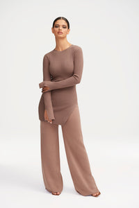 Inaya Ribbed Side Slit Top - Taupe Clothing Veiled 