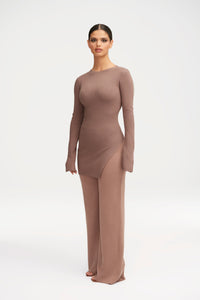 Inaya Ribbed Side Slit Top - Taupe Clothing Veiled 