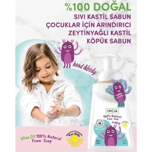 Incia Natural Foaming Soap for Children - Gentle, Paraben-Free, Olive Oil Based - 6.76 fl oz