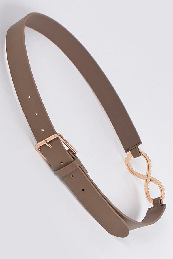Infinite Sign Fashion Belt – Taupe Faux Leather Belt with Gold Infinity Buckle