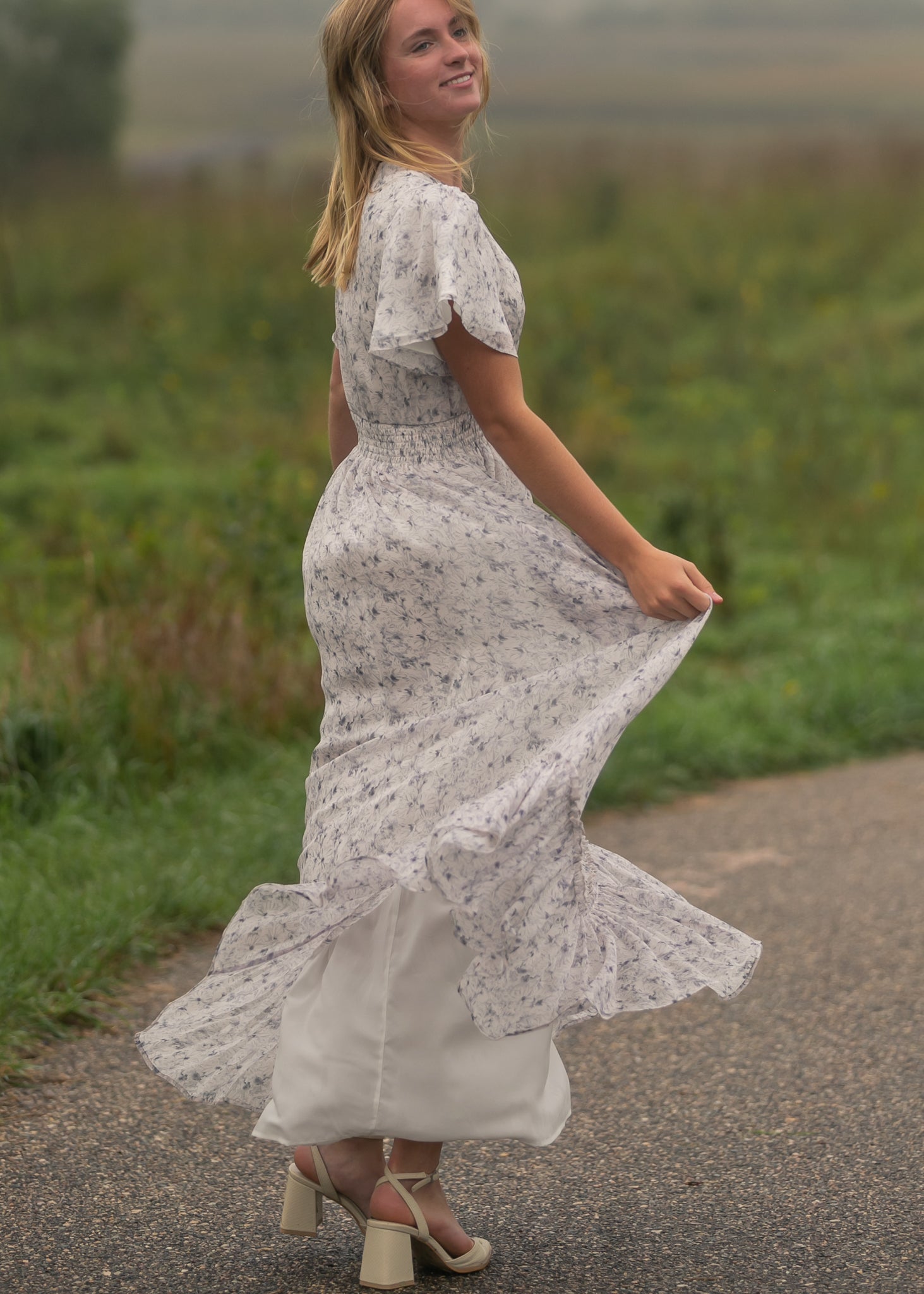 Inherit Co. Isabella Blue Floral V Neck Maxi Dress — in-use photo