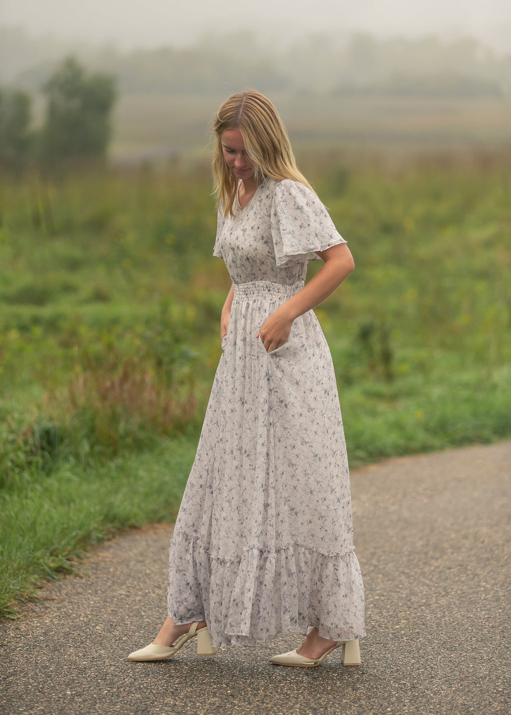 Inherit Co. Isabella Blue Floral V Neck Maxi Dress — product on model