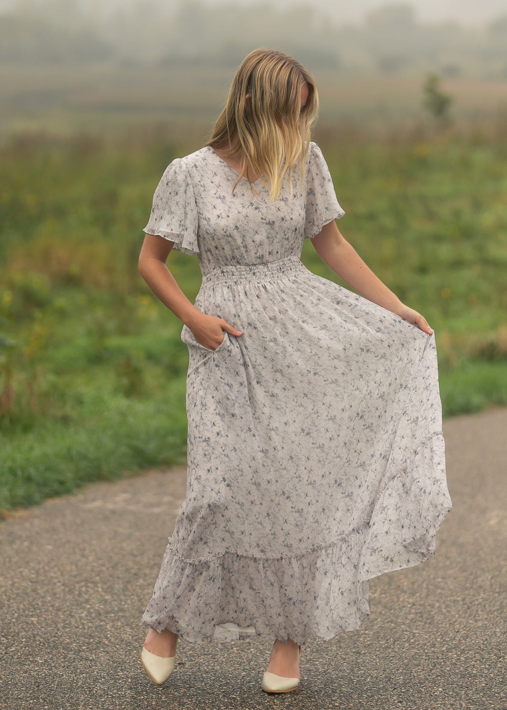 Inherit Co. Isabella Blue Floral V Neck Maxi Dress — fabric or material detail