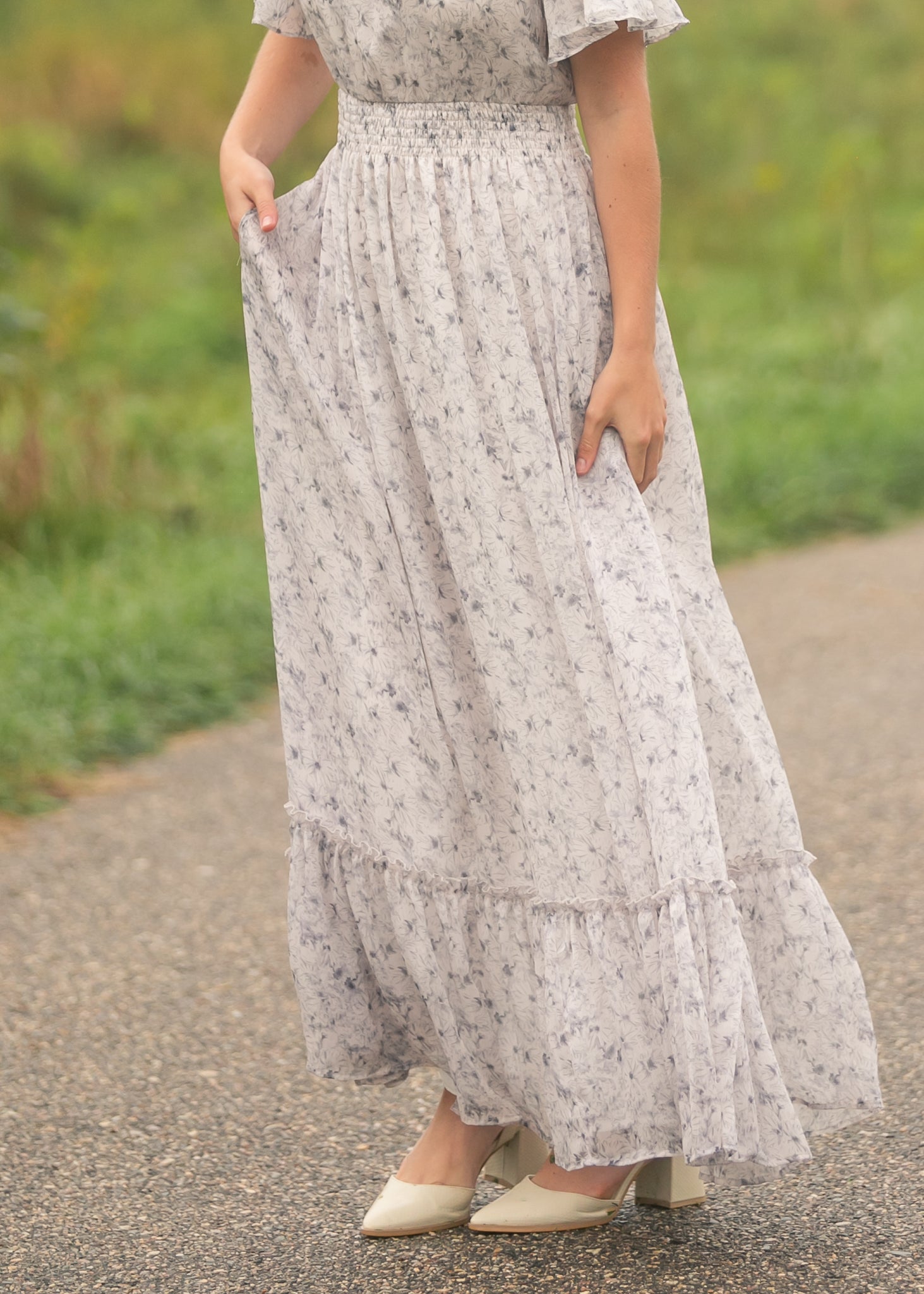 Inherit Co. Isabella Blue Floral V Neck Maxi Dress — flat-lay composition