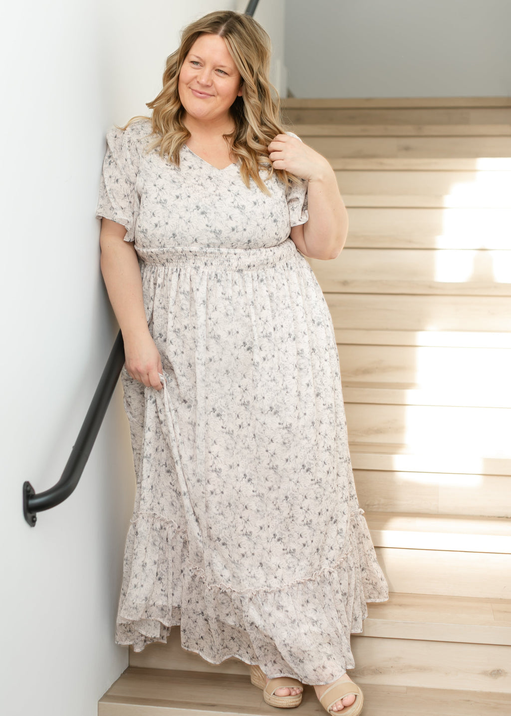 Inherit Co. Isabella Blue Floral V Neck Maxi Dress — detail close-up
