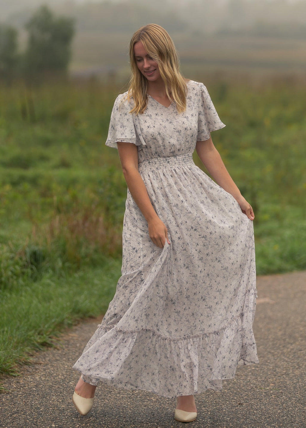 Inherit Co. Isabella Blue Floral V Neck Maxi Dress — detail close-up