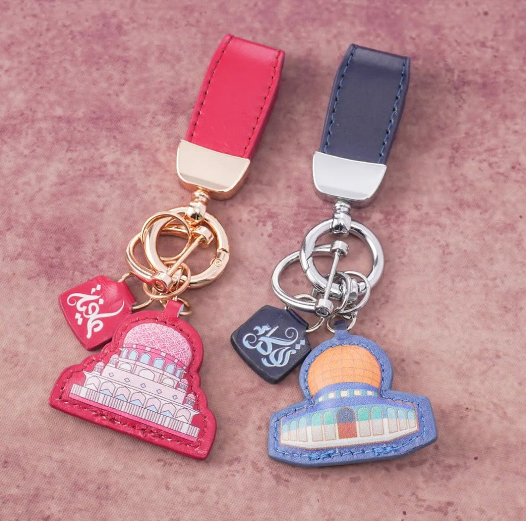 Mariam's Collection Islamic Leather Keychain with Arabic Calligraphy & Mosque Pendant Sheepskin… — product on model