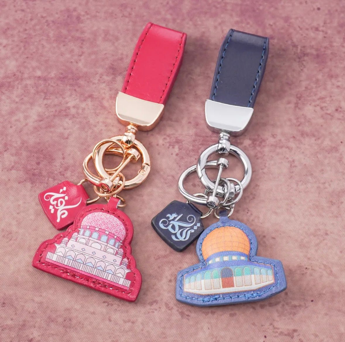 Mariam's Collection Islamic Leather Keychain with Arabic Calligraphy & Mosque Pendant Sheepskin… — product on model
