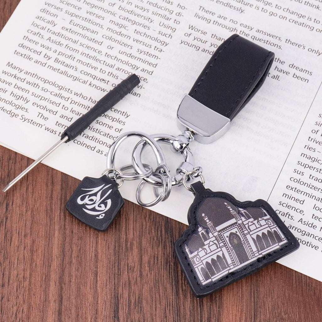 Mariam's Collection Islamic Leather Keychain with Arabic Calligraphy & Mosque Pendant Sheepskin… — flat-lay composition