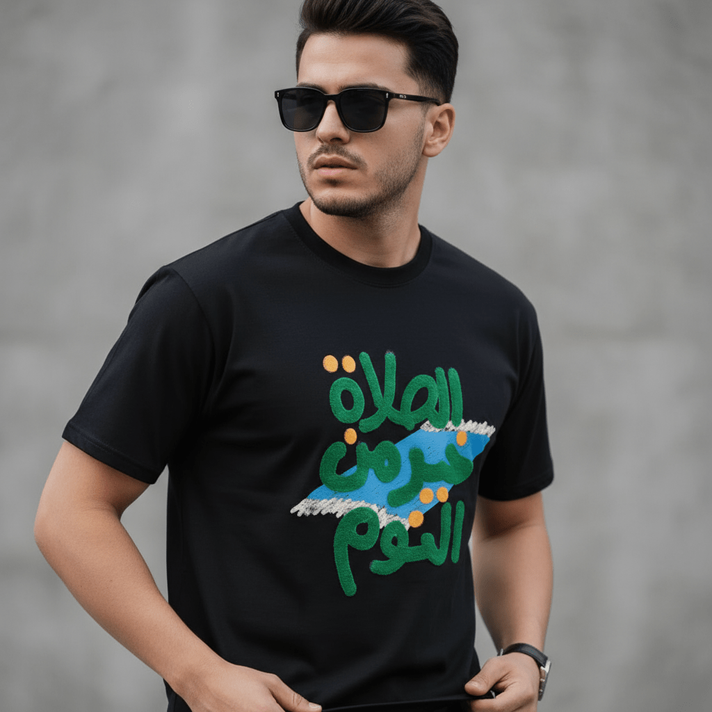 Mariam's Collection Islamic Style Artistic Design Short Sleeve T-Shirt Collection (MS182) — Mariam's Collection branding close-up