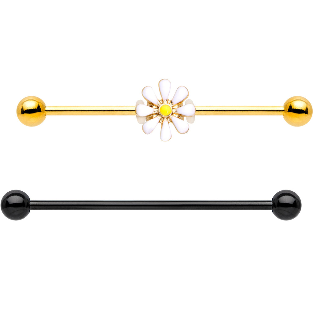 BodyCandy 14G Black Gold Tone Daisy Flower Industrial Barbell 38mm Set of 2 — detail close-up
