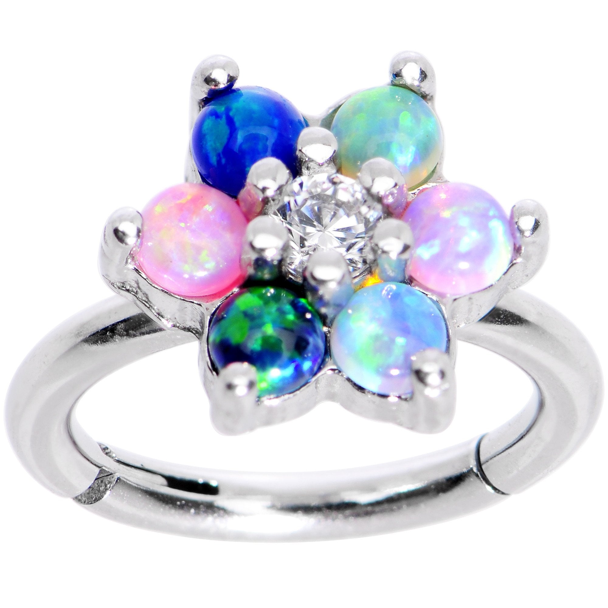 BodyCandy 16G 5/16 Clear CZ Gem Pink Blue Faux Opal Hinged Segment Ring — Pink detail