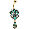 BodyCandy Aqua Gem Gold PVD Diving Peacock Feather Dangle Belly Ring — main product shot