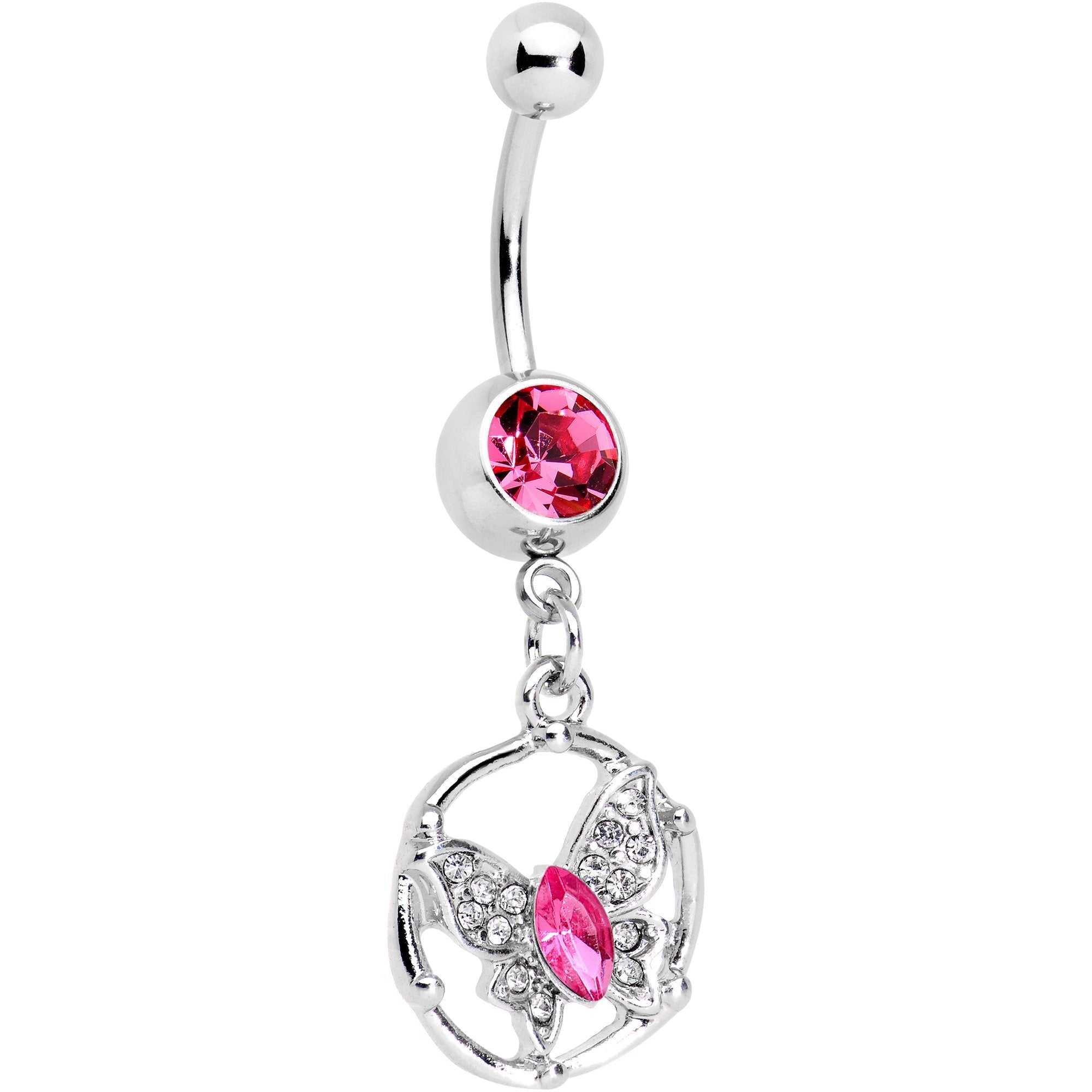 BodyCandy Pink CZ Gem Butterfly Halo Dangle Belly Ring — main product shot
