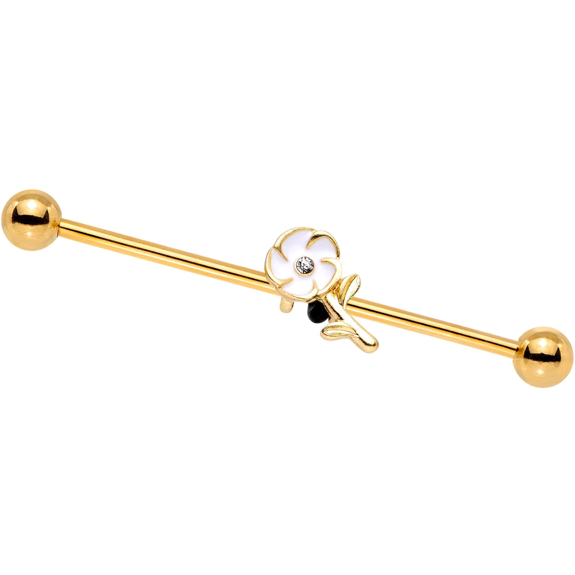 BodyCandy Clear Gem Gold Tone Anodized White Flower Industrial Barbell 38mm — main product shot