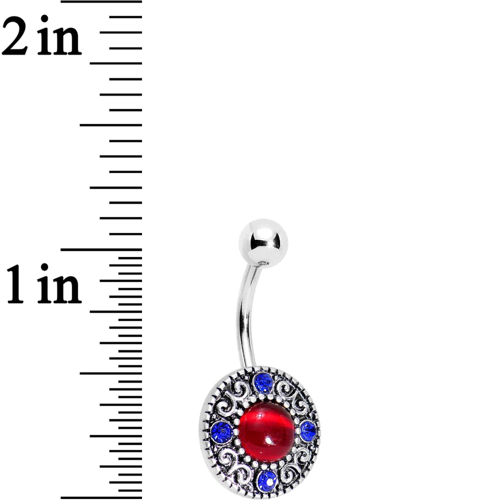 BodyCandy Red Blue Gem Circular Swirling Disc Belly Ring — detail close-up